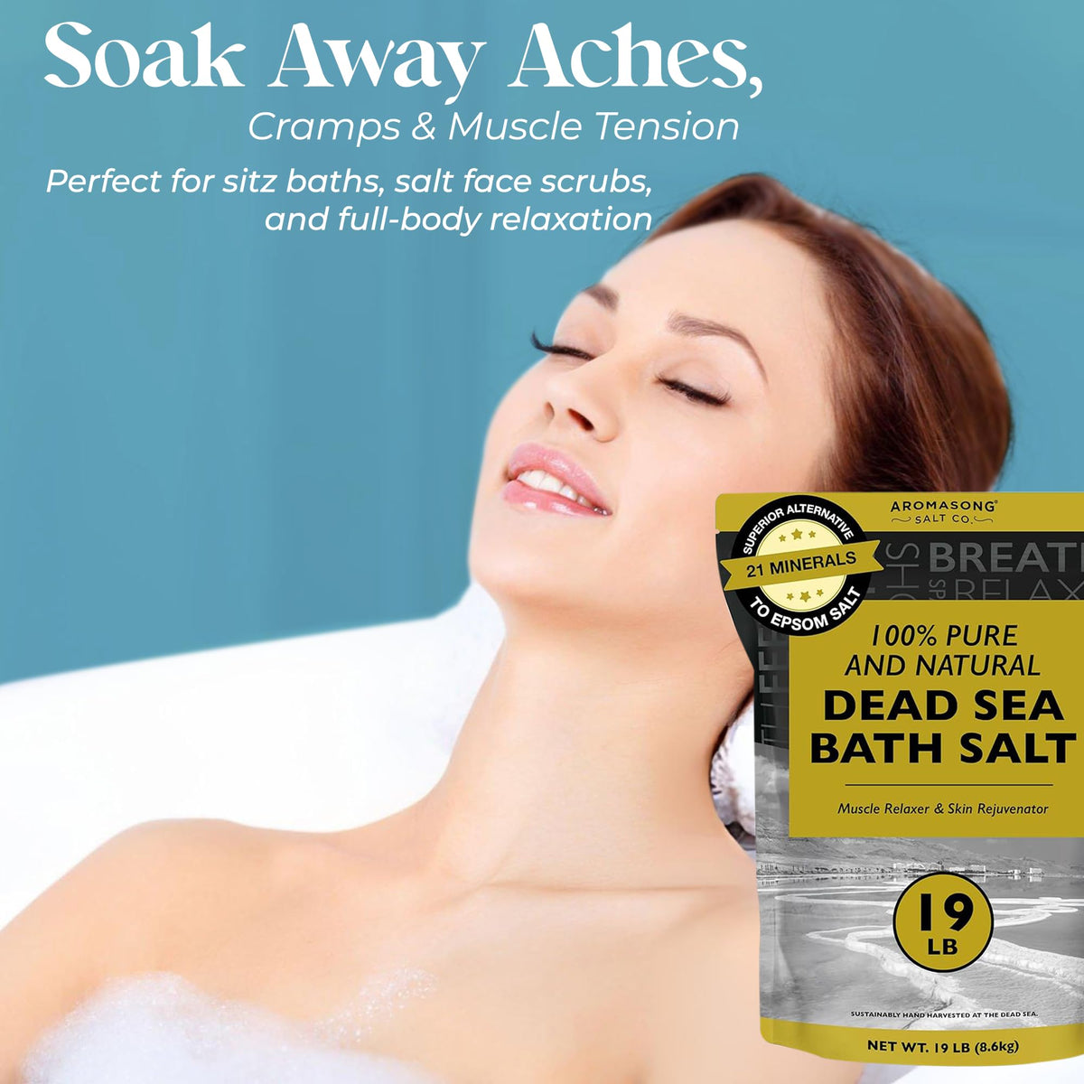 Aromasong salt poured into bathtub demonstrating mineral-rich soak benefits