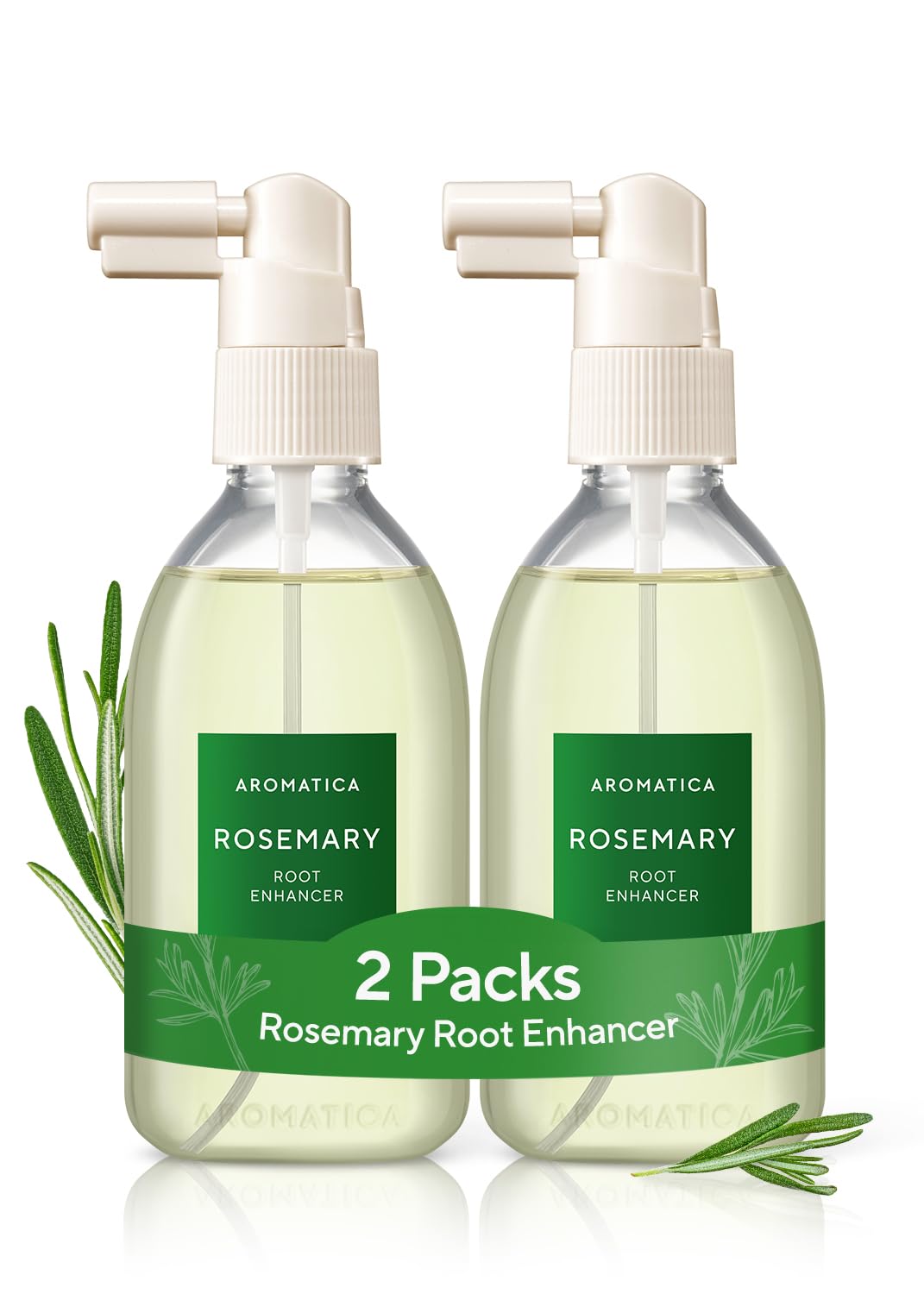 AROMATICA front packaging showing two rosemary spray bottles and clear label benefit