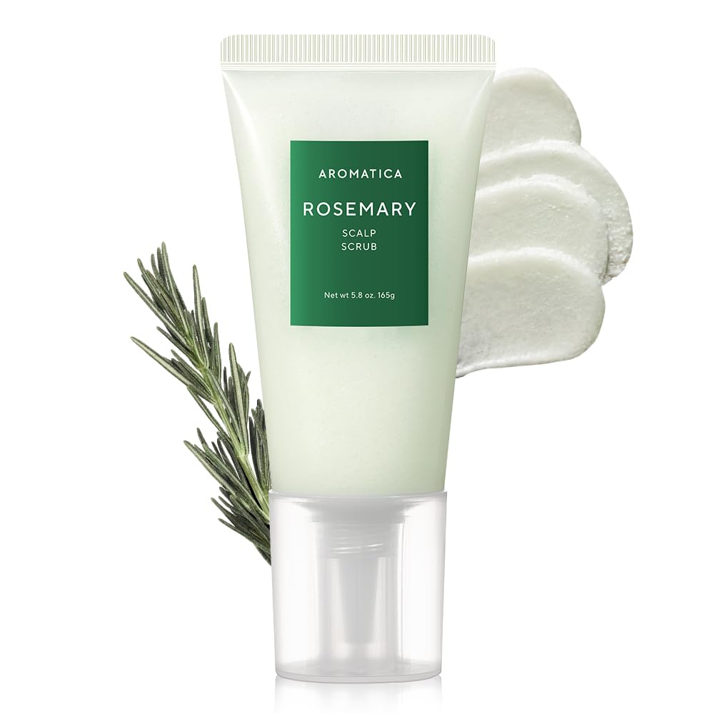 AROMATICA front packaging of rosemary scalp scrub highlights natural formula and size