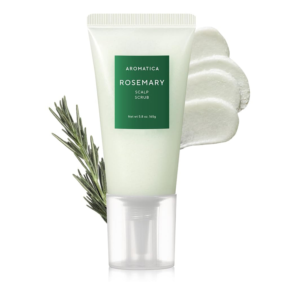 AROMATICA front packaging of rosemary scalp scrub highlights natural formula and size