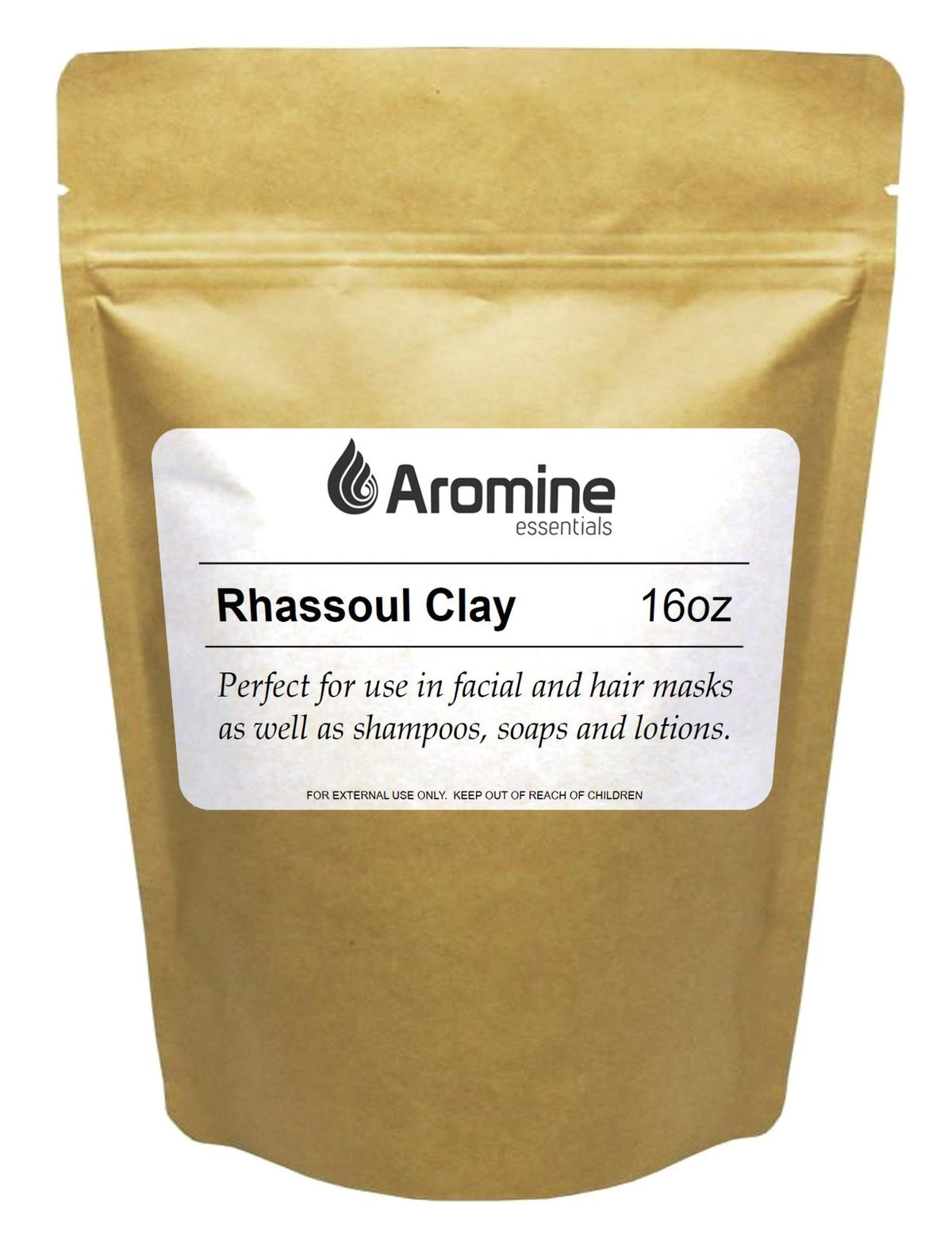 Aromine Rhassoul clay front packaging showing resealable 16oz bag and label benefit