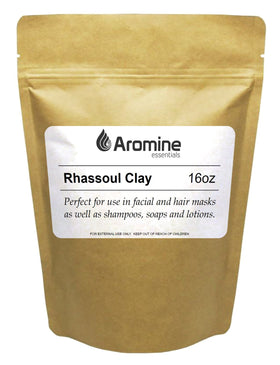 Aromine Rhassoul clay front packaging showing resealable 16oz bag and label benefit