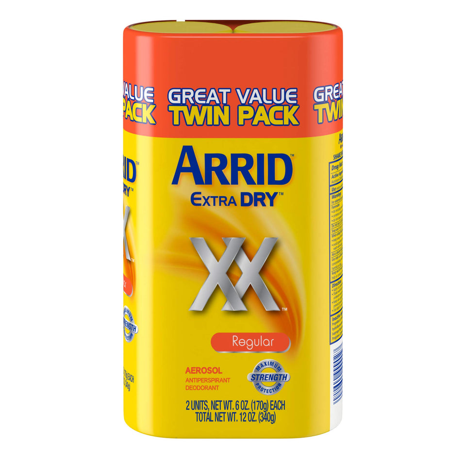 Arrid XX front packaging showing twin cans and Regular scent benefit