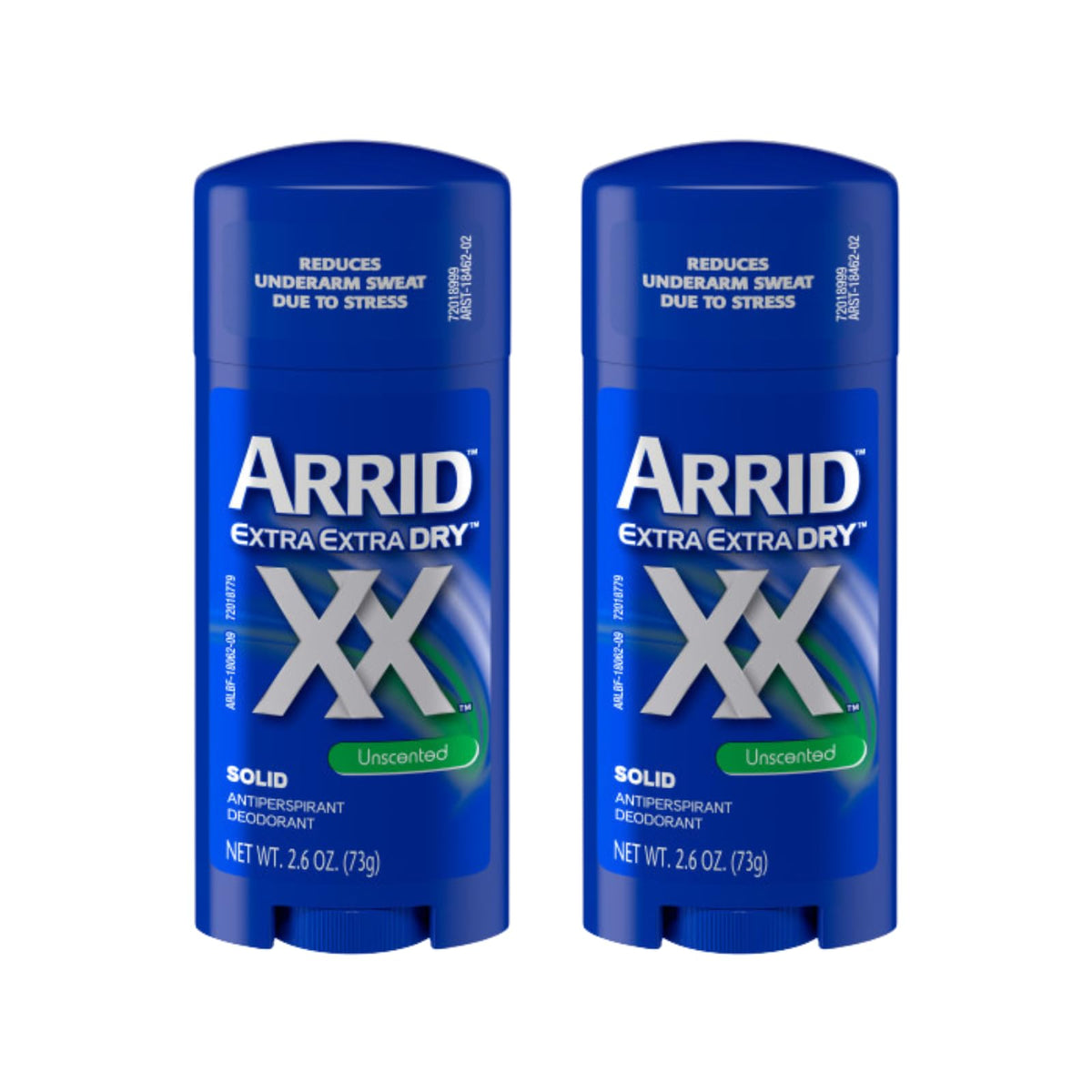 Arrid brand unscented front packaging showing pack of two and travel-ready benefit
