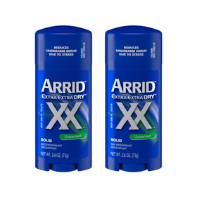 Arrid brand unscented front packaging showing pack of two and travel-ready benefit