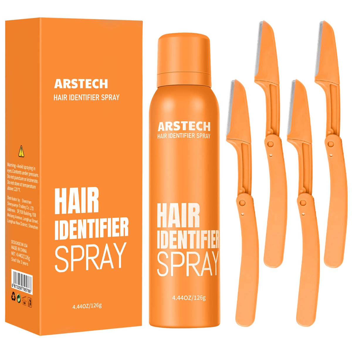 arstech front packaging showing spray can and four razors, easy identification benefit