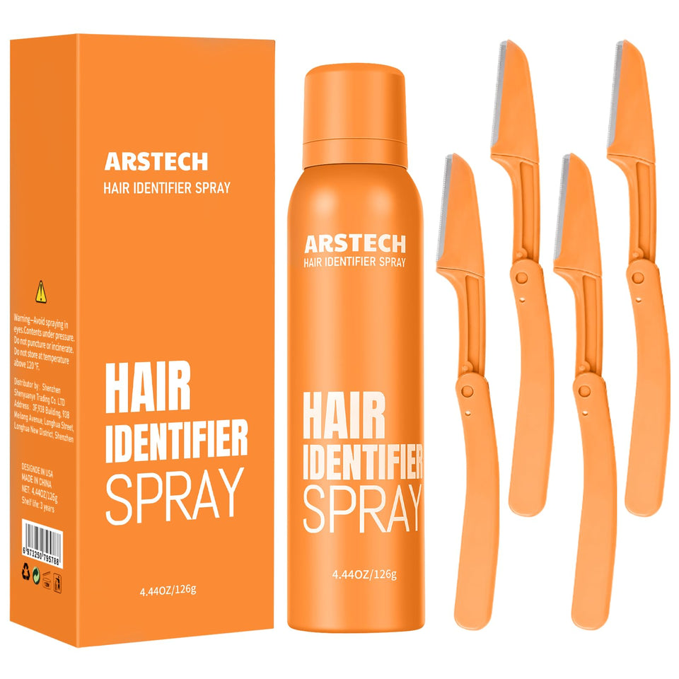 arstech front packaging showing spray can and four razors, easy identification benefit