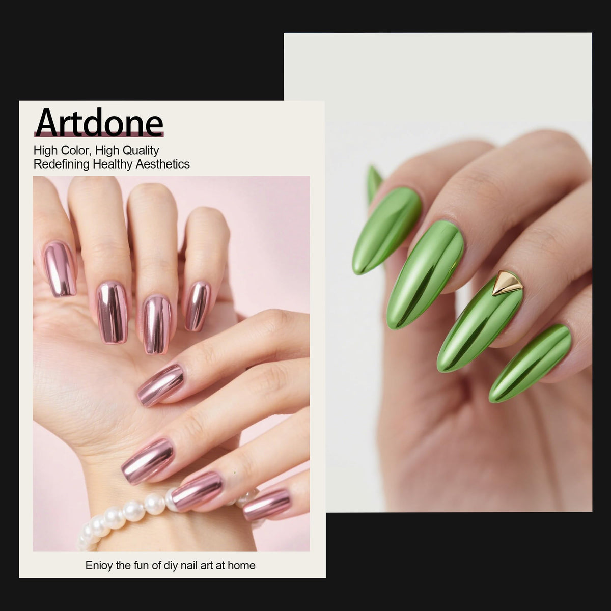 Artdone application on cured gel nails demonstrating reflective shine