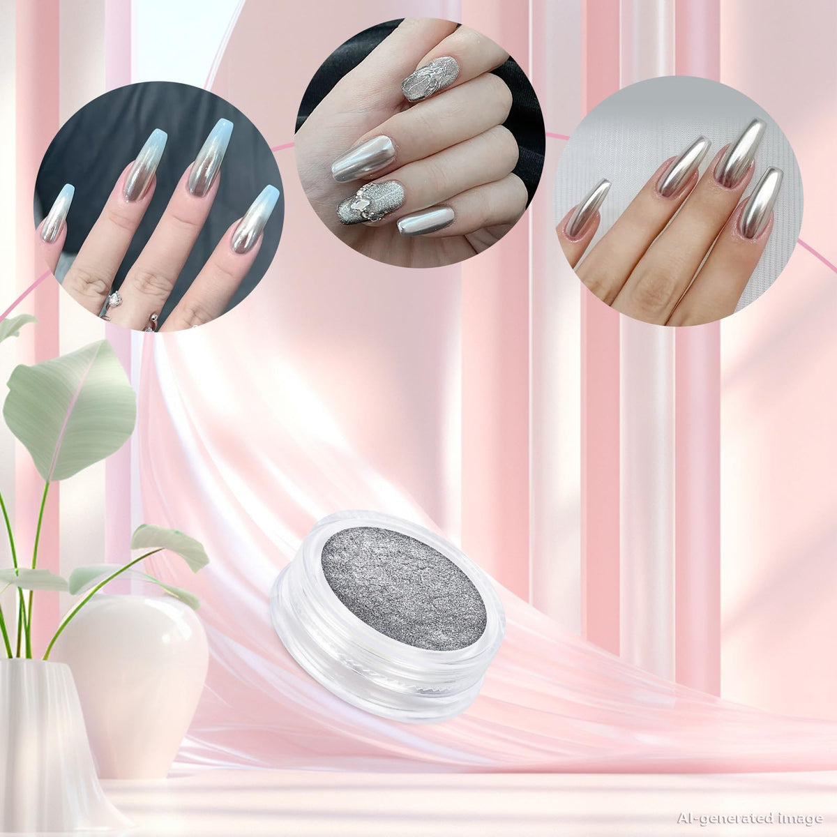 Artdone powders applied on a full manicure set revealing iridescent mirror and holographic effects