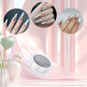 Artdone powders applied on a full manicure set revealing iridescent mirror and holographic effects