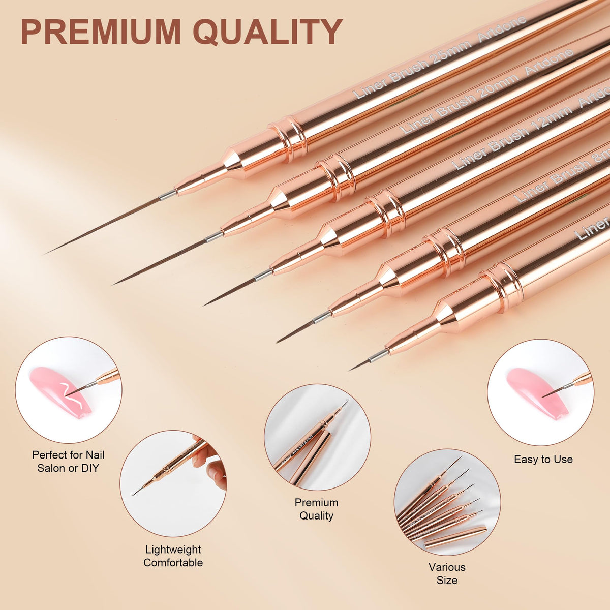 Artdone bristle tips arranged by size demonstrating range for ultra-fine to small fill work