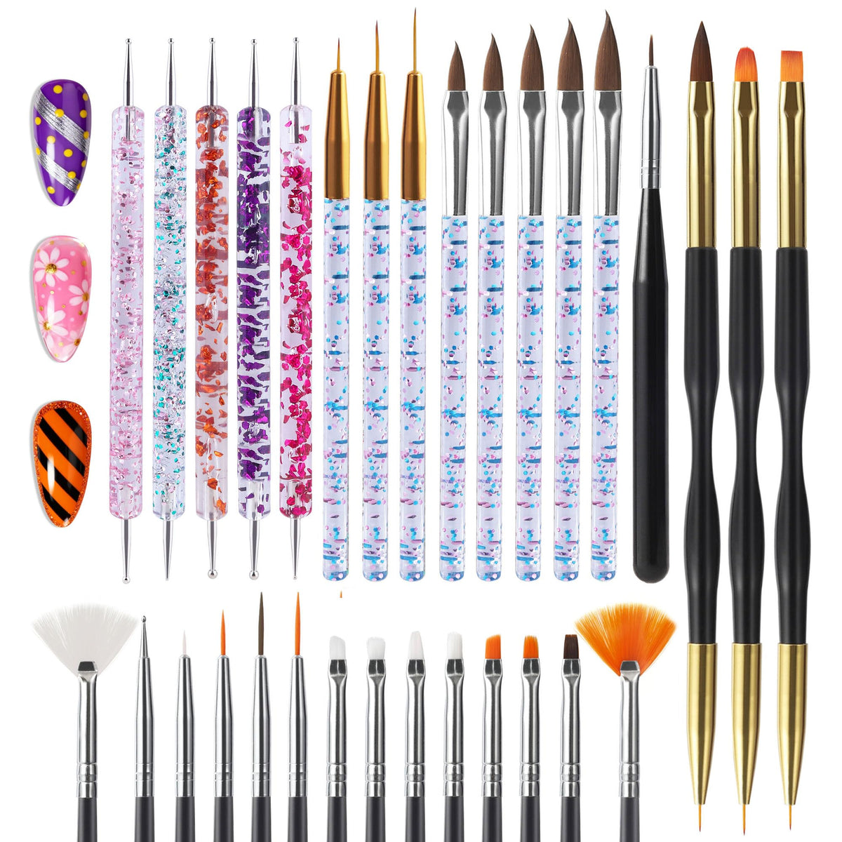 Artdone arranged brushes and pens top-down demonstrating variety for precise designs