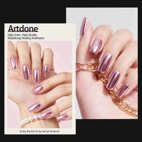 Artdone mirror chrome effect on white gel nail demonstrating bright pearlescent shine