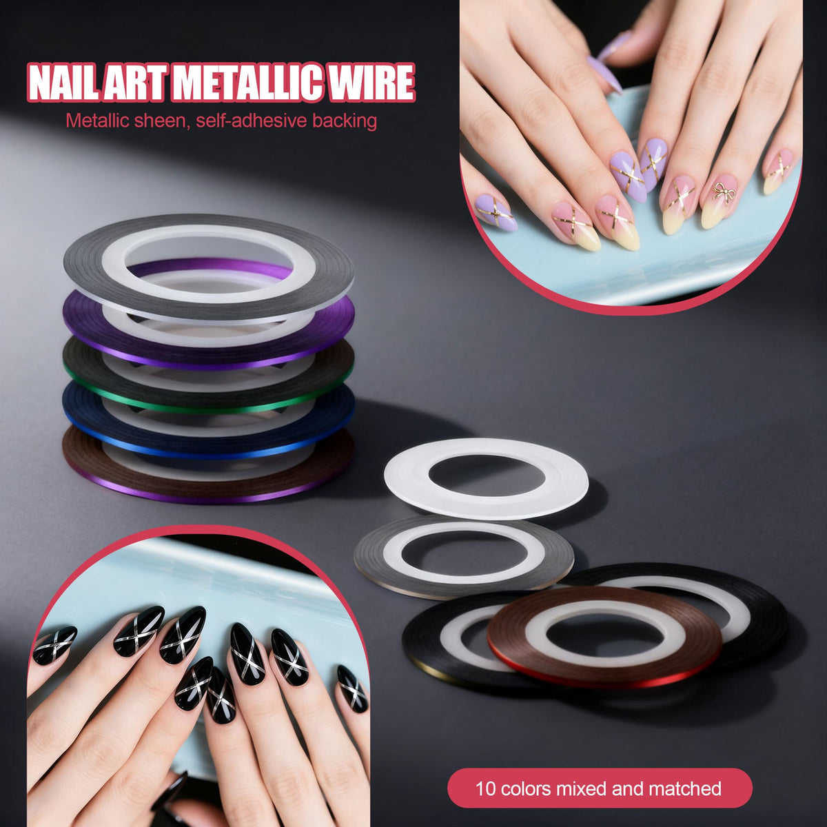 Artdone finished manicure featuring stripes and dots to show professional-looking results
