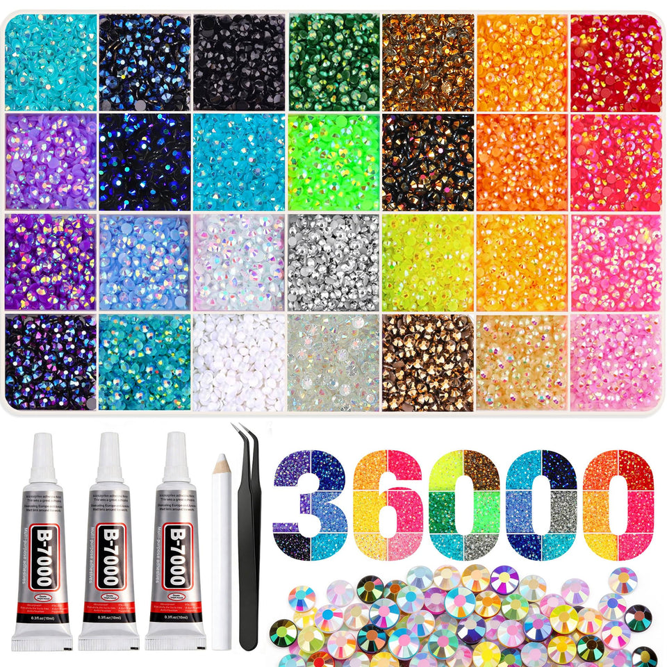 Artdone front packaging showing 36000-piece rhinestone kit and included tools for convenience