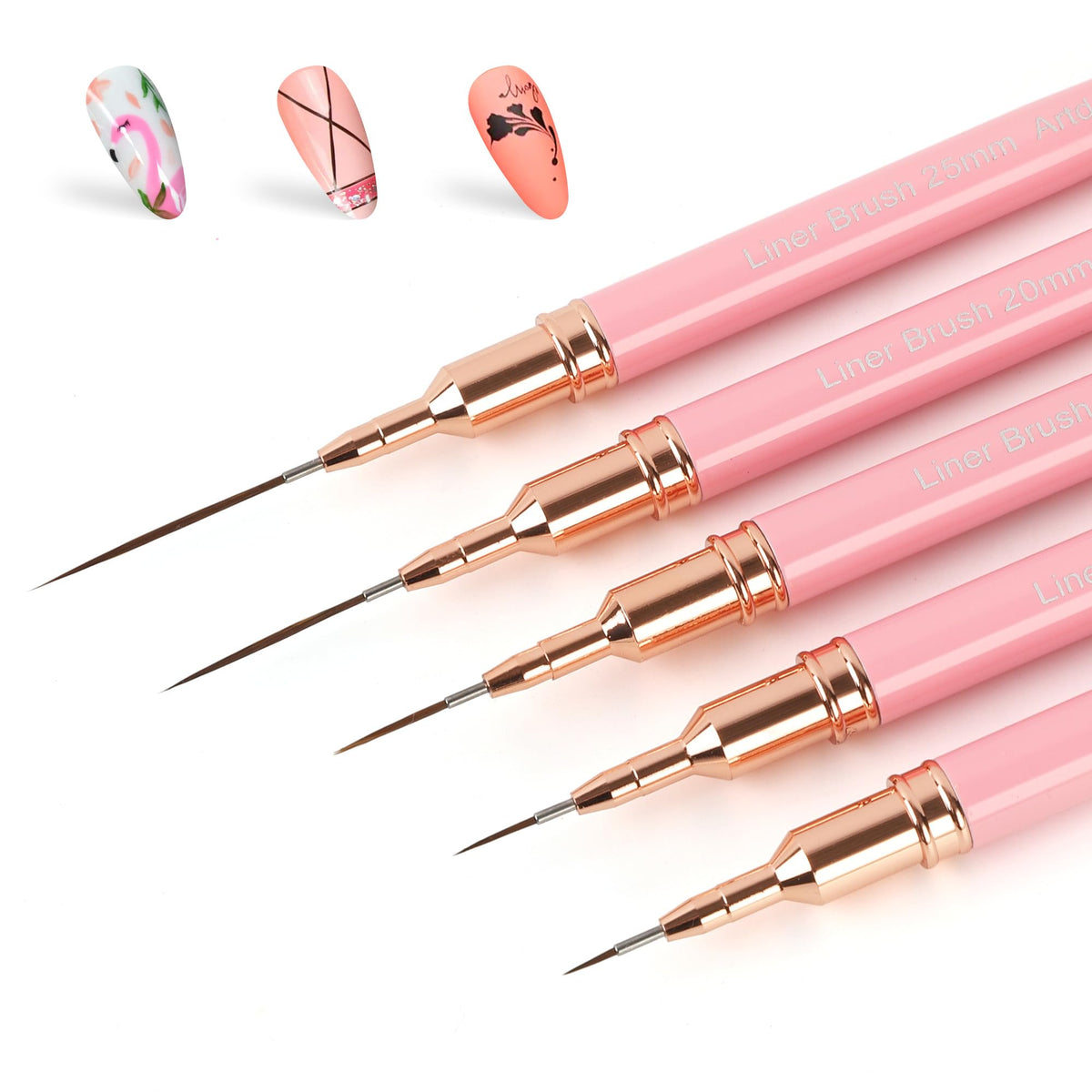 Artdone front packaging showing five pink metallic nail art pens and sizes, for neat storage