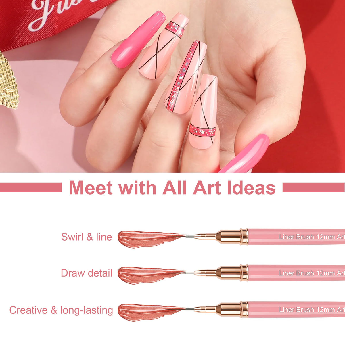 Artdone in-use nail design demonstrating thin metallic lines and intricate accents