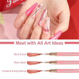 Artdone in-use nail design demonstrating thin metallic lines and intricate accents