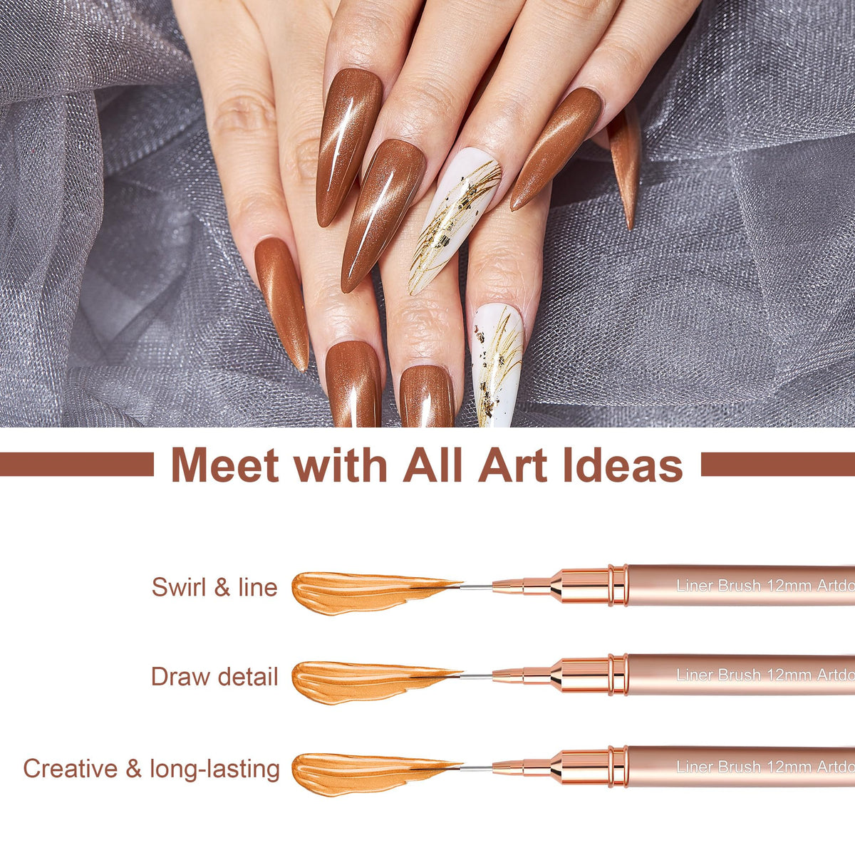 Artdone brushes beside a fingernail for scale to illustrate precision control and suitability