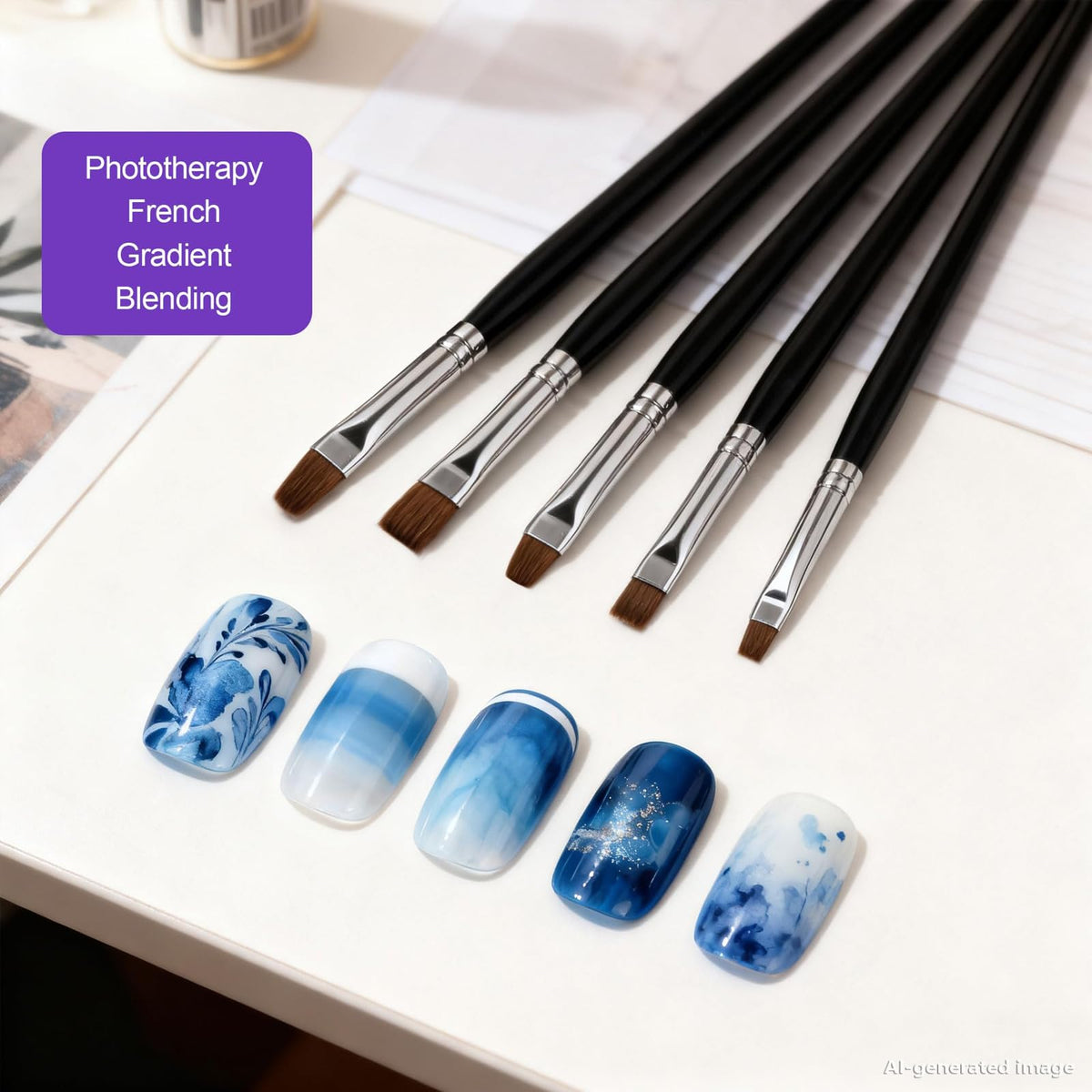 Artdone tools in use painting a press-on nail demonstrating accurate small-detail application