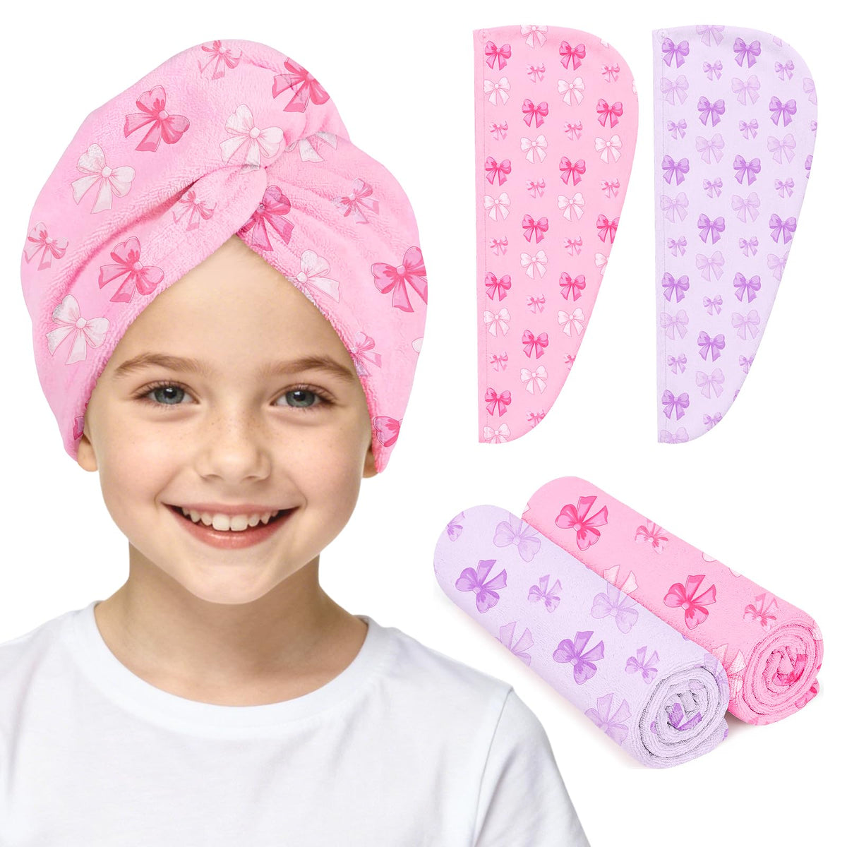 ArthomaHige front view of two-pack towel wraps showing colors and bow pattern, easy selection benefit