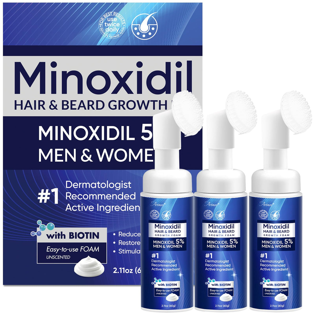Artimore 5% Minoxidil Foam front packaging showing product and benefits