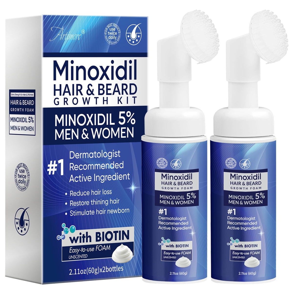 Artimore front packaging showing 5% minoxidil and benefits