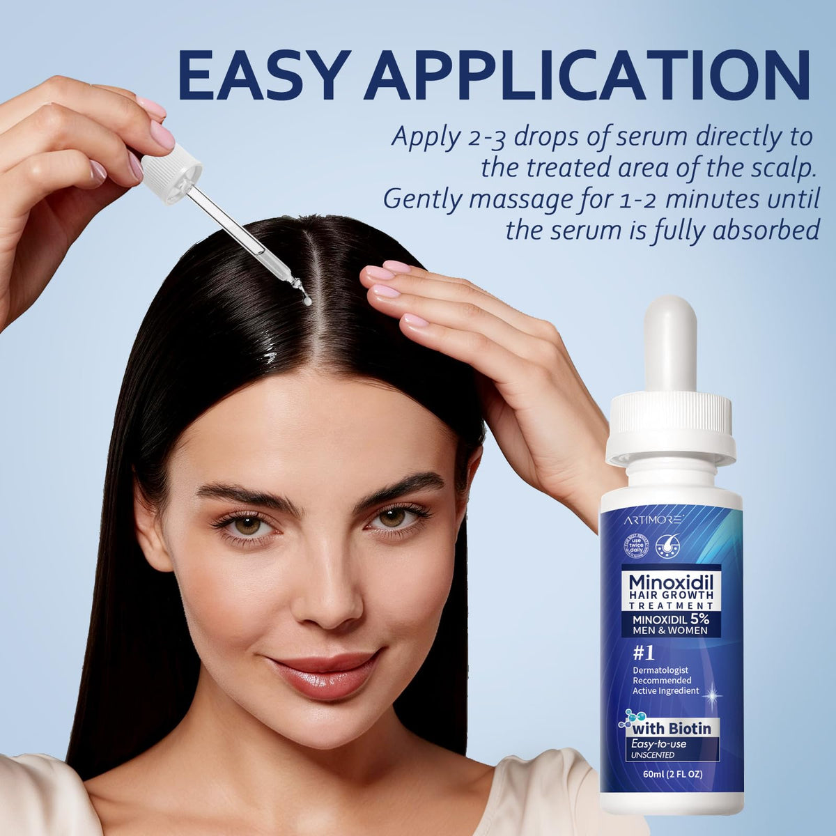 Artimore application on scalp with dropper illustrating targeted placement and easy use