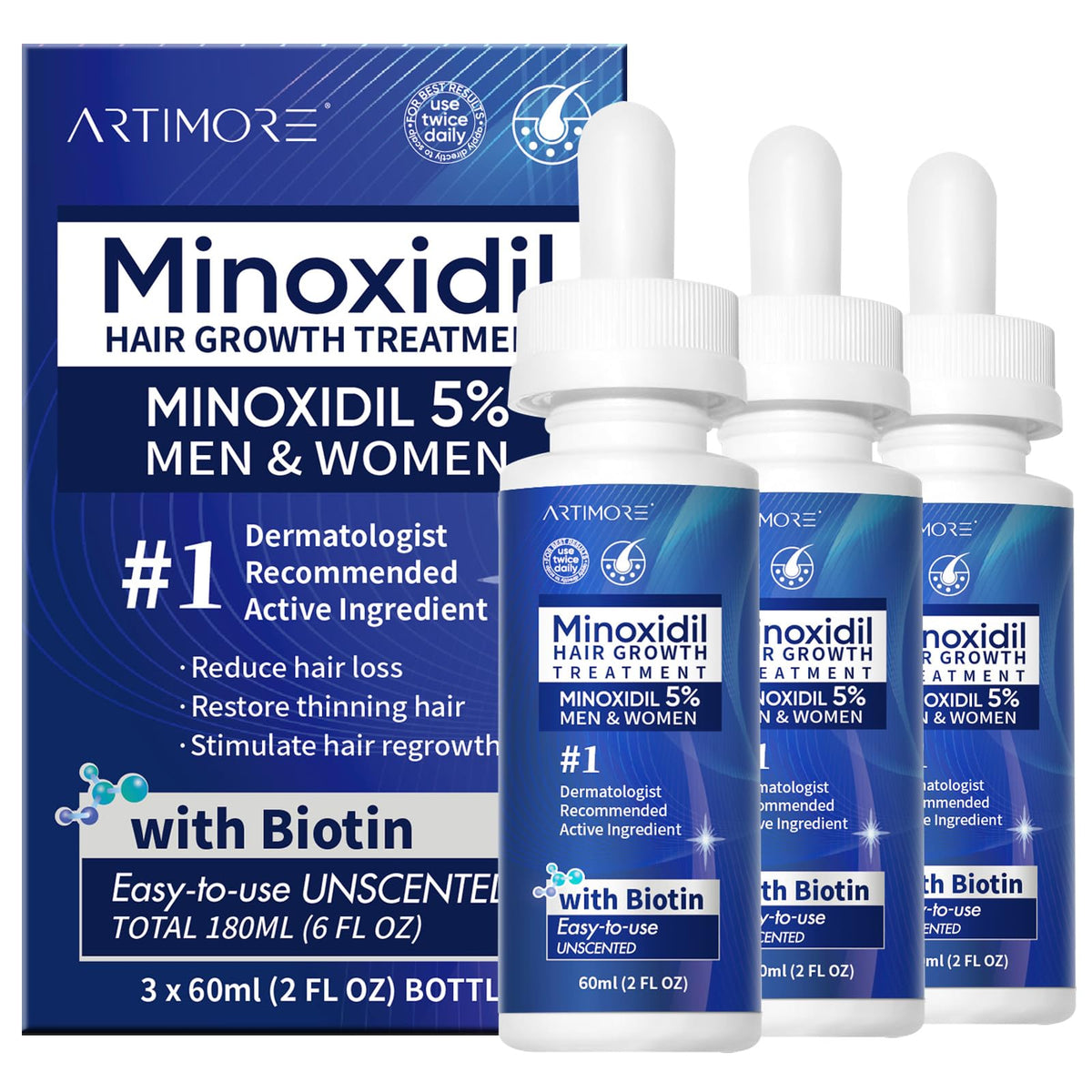 Artimore bottle front label showing brand and 5% minoxidil for clear identification and confidence