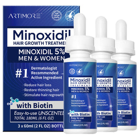Artimore bottle front label showing brand and 5% minoxidil for clear identification and confidence