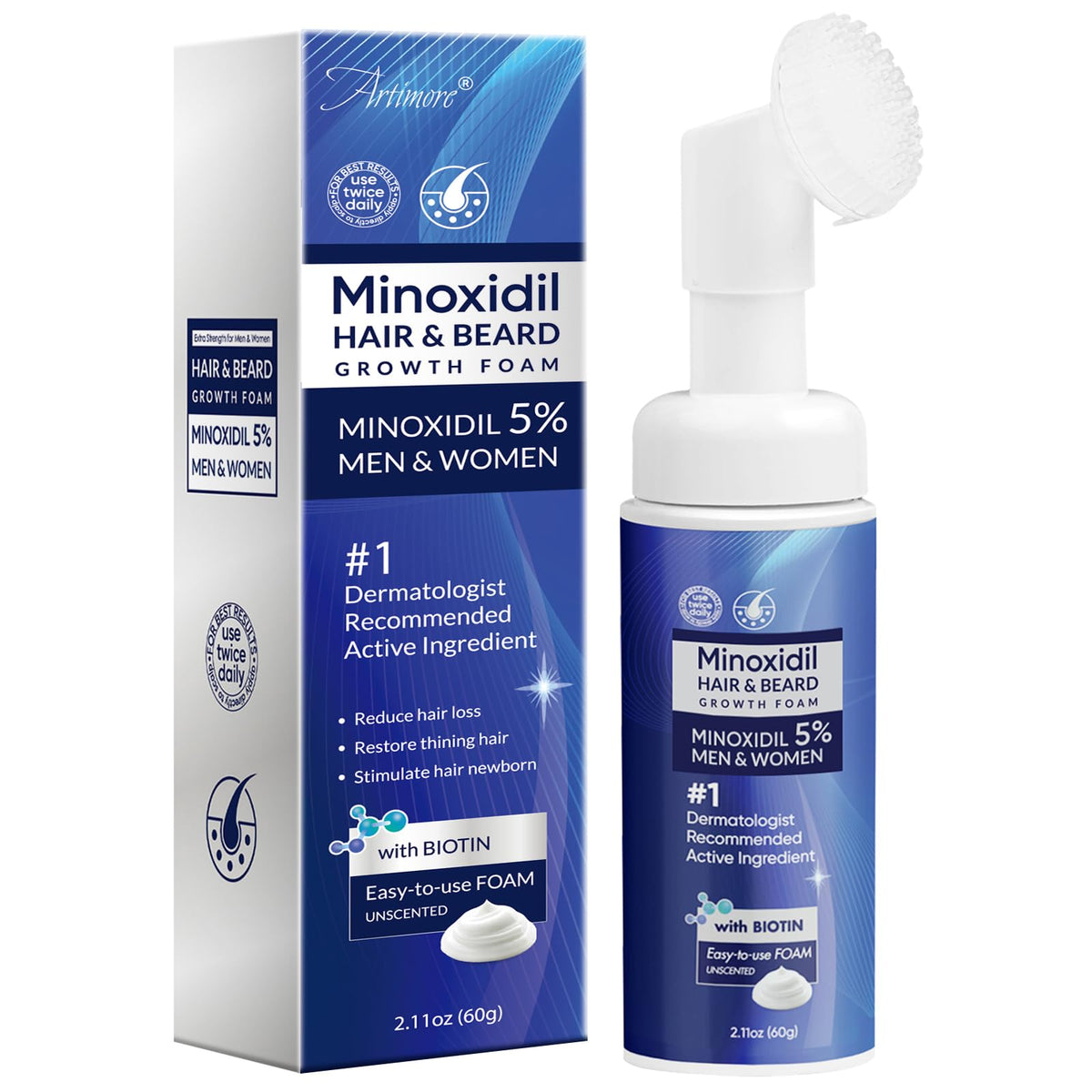 Artimore front packaging showing 5% minoxidil foam for quick application and travel