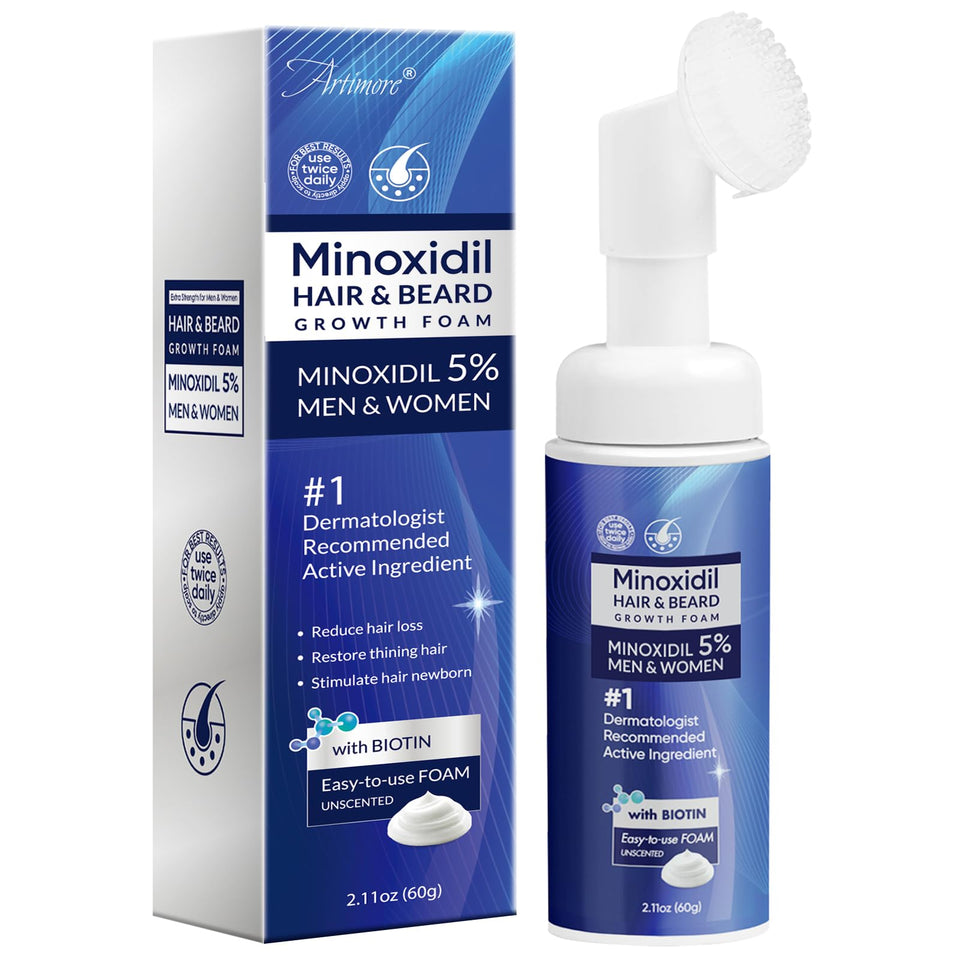 Artimore front packaging showing 5% minoxidil foam for quick application and travel