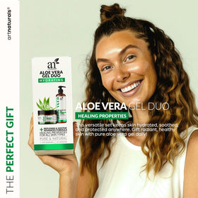Artnaturals aloe gel in a beach bag scene illustrating after-sun relief and travel convenience benefit