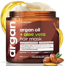 Artnaturals argan hair mask front packaging showing jar and label benefiting hydration