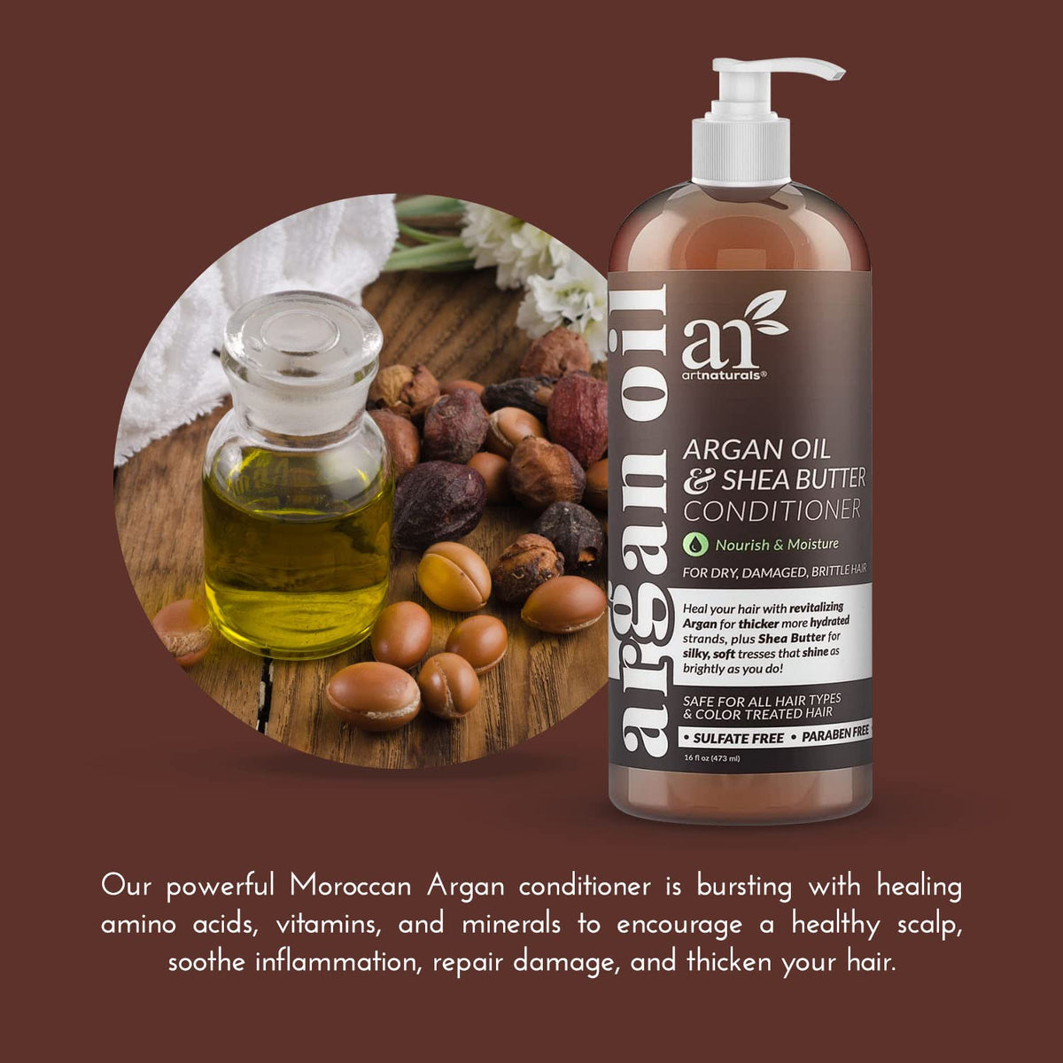 Artnaturals conditioner held in hand to show 16 fl oz scale for travel and home routines