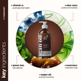 Artnaturals bottle beside argan nuts and leaves indicating natural nourishment