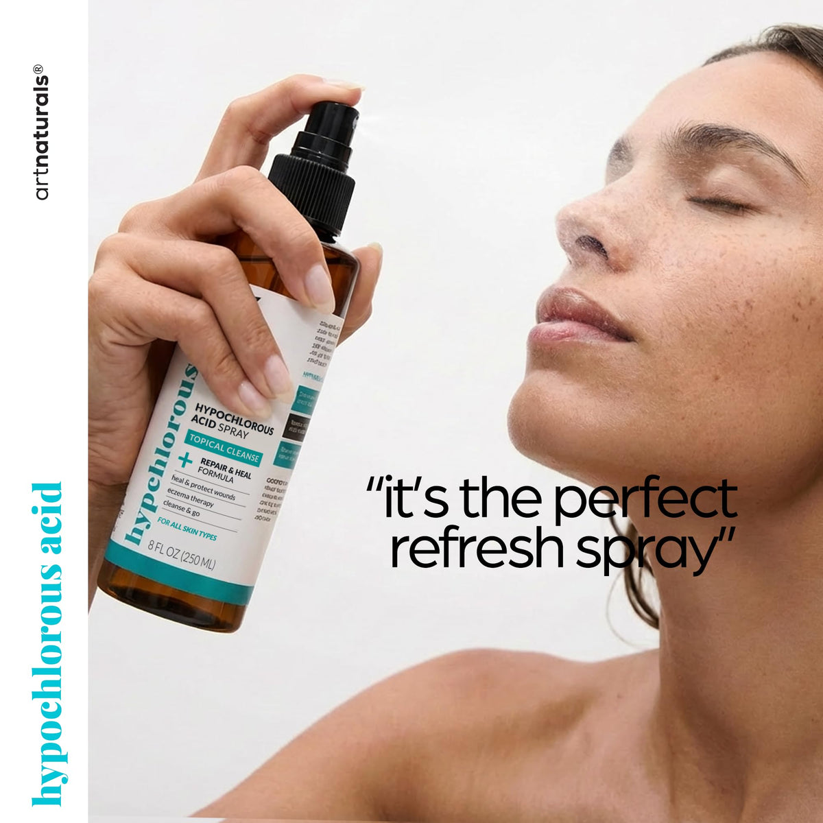 Artnaturals close-up of fine mist spray showing lightweight quick-absorption benefit