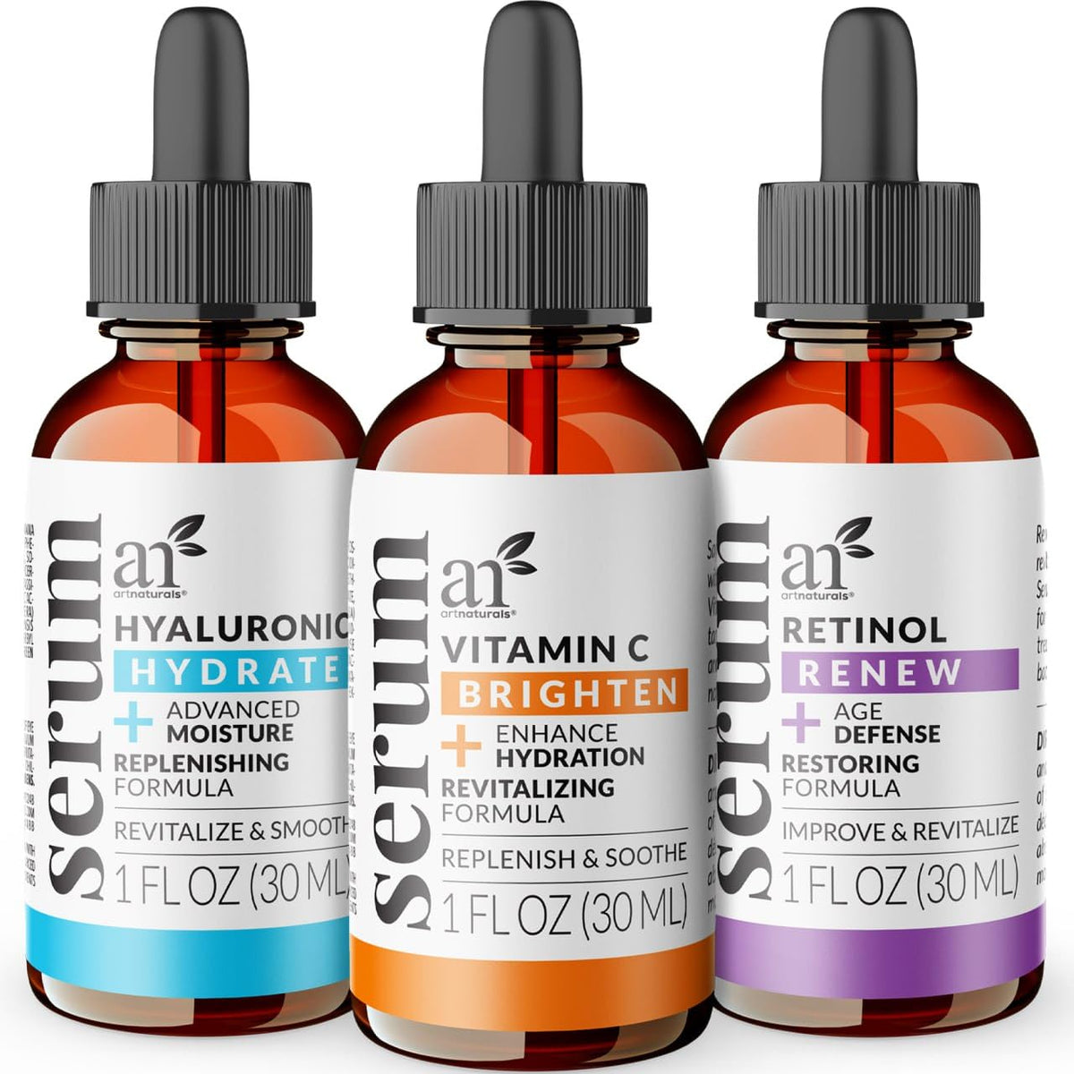ArtNaturals front packaging displaying three anti-aging serums and benefits