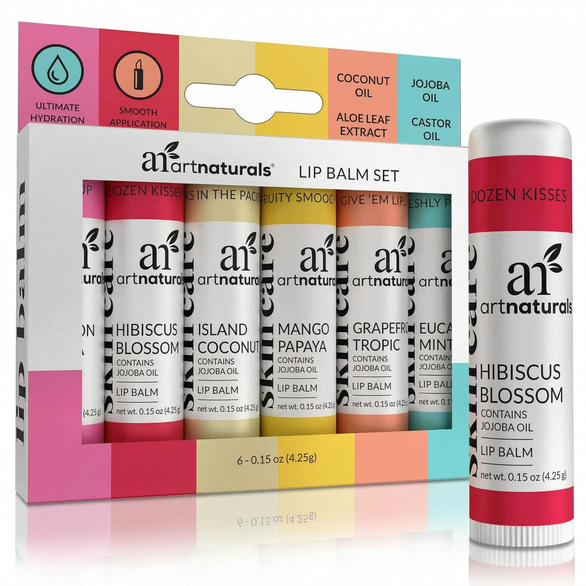 Artnaturals front packaging showing six beeswax lip balms and flavor list for gifting