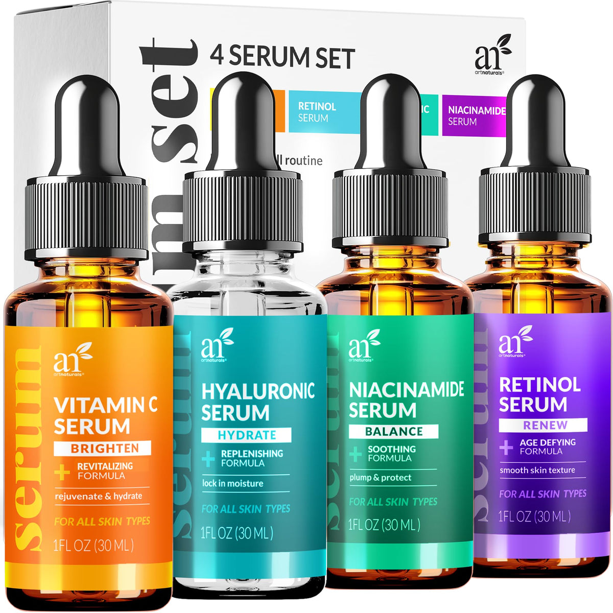 Artnaturals front packaging showing complete four-piece vitamin C serum set benefits