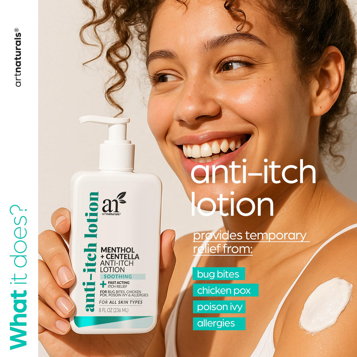 Artnaturals applying lotion on skin in hand demonstrating quick relief