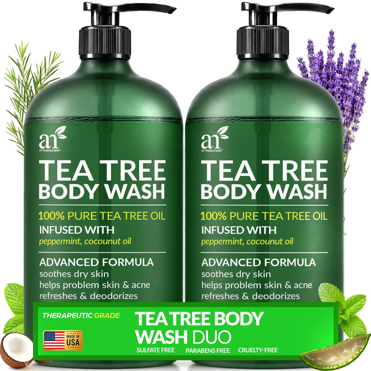 Artnaturals front packaging showing two 16 fl oz bottles and ingredient list benefits
