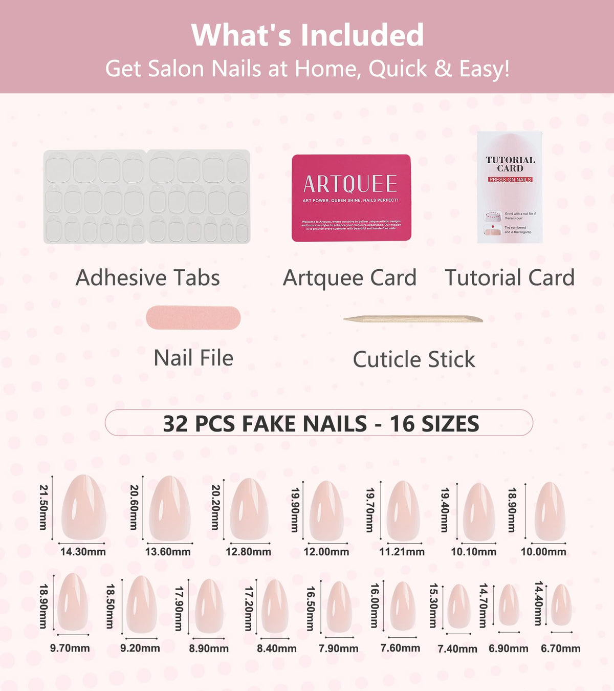 Artquee included mini file cuticle stick and adhesive tabs for easy application and removal