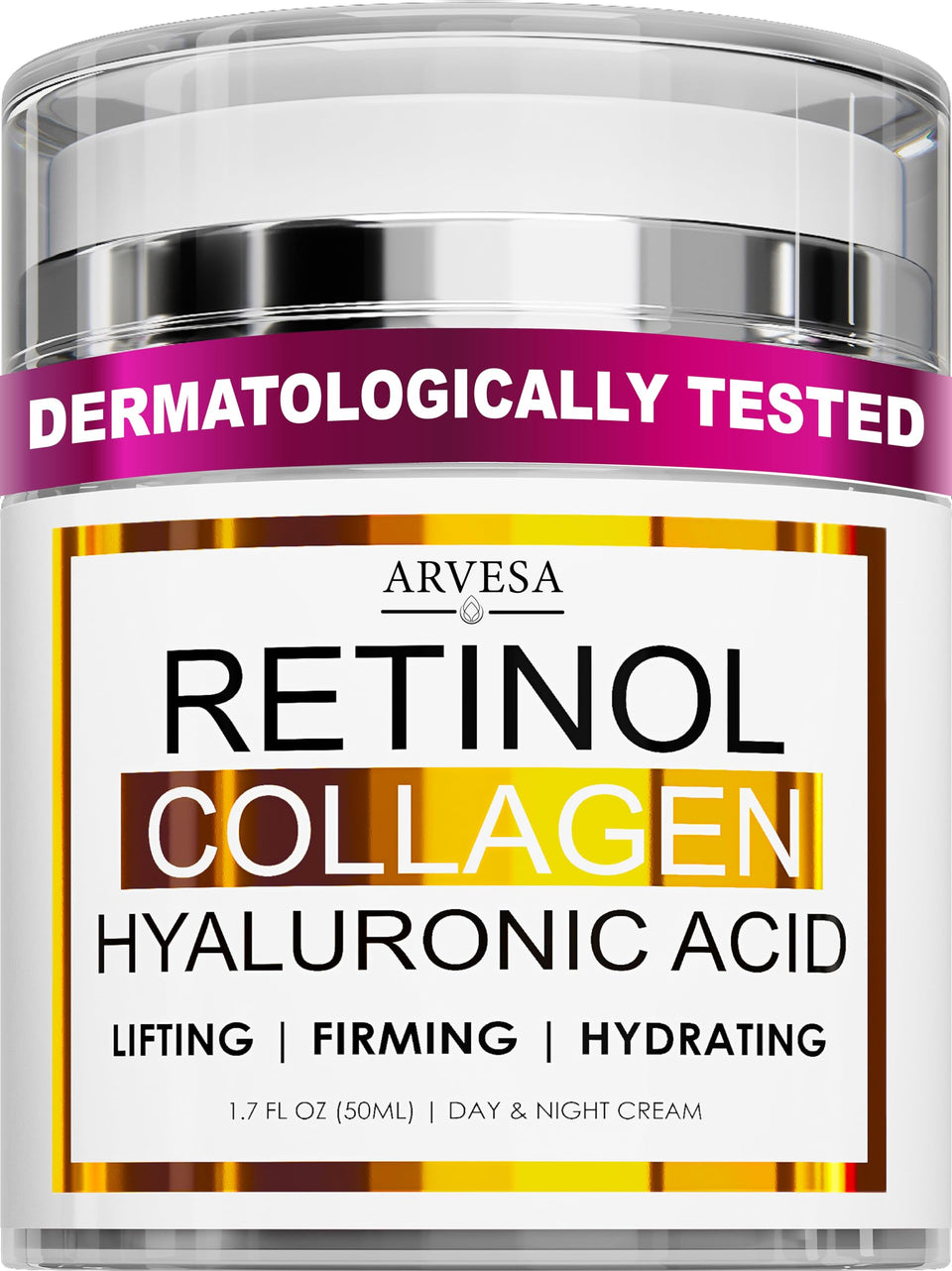 Arvesa front jar showing retinol cream for firming benefits