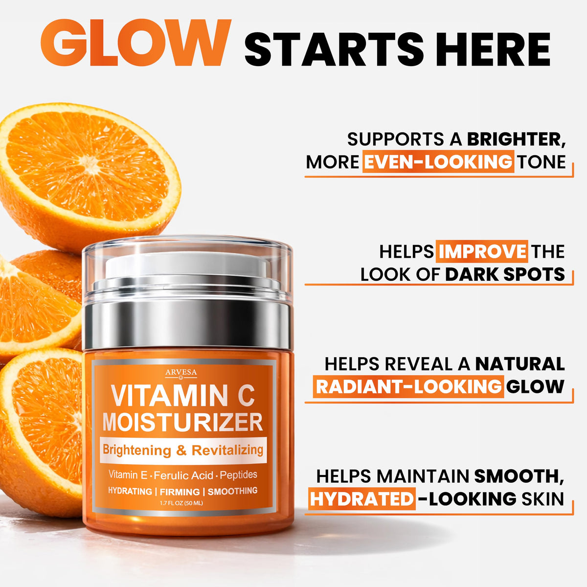 Arvesa ingredients label highlighting vitamin C, ferulic acid, peptides