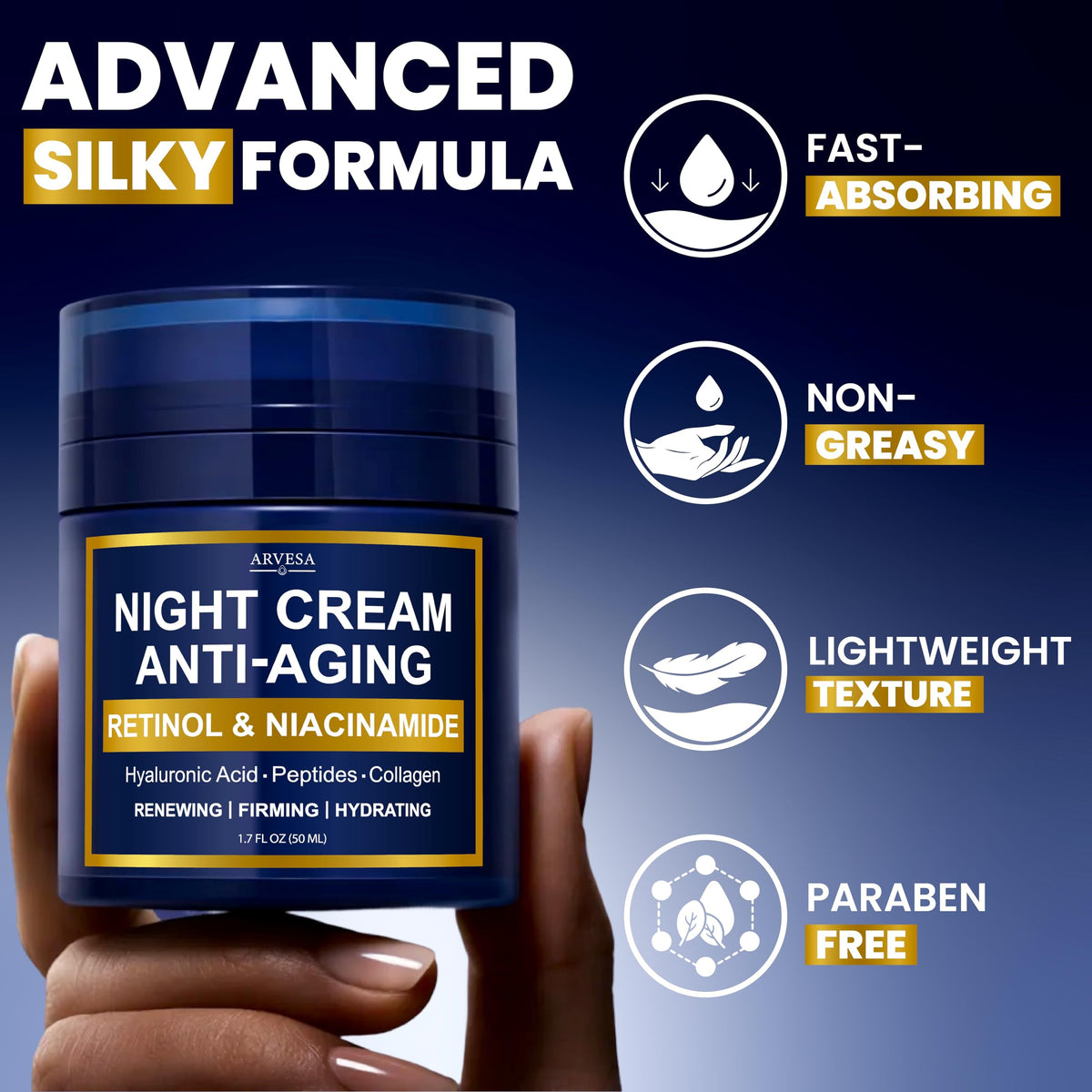 Arvesa night cream being applied to cheek demonstrating smooth absorption