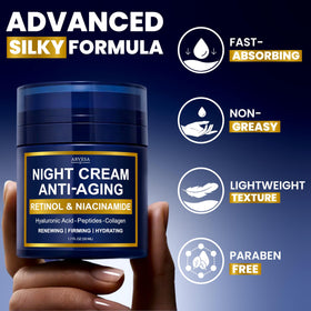 Arvesa night cream being applied to cheek demonstrating smooth absorption