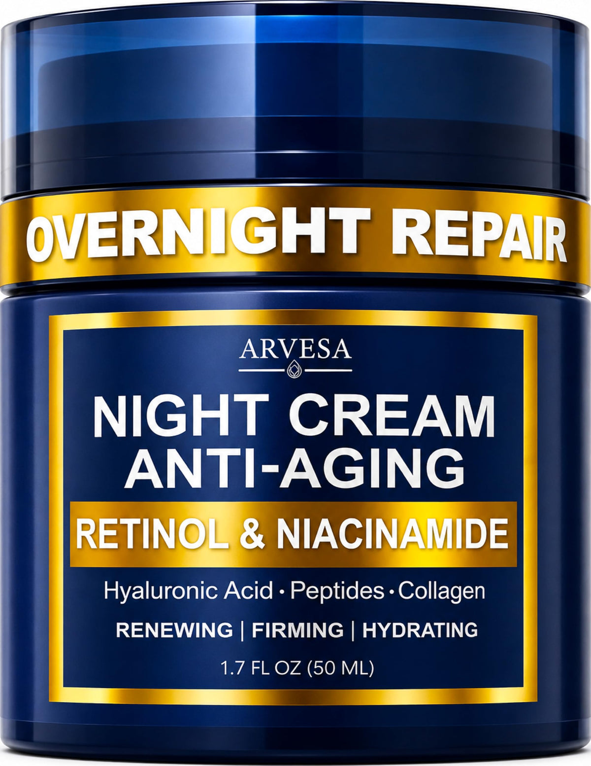 Arvesa night cream front packaging showing clean, clinical design and benefit