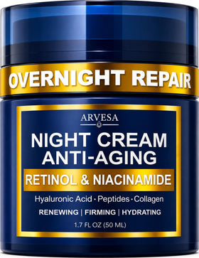 Arvesa night cream front packaging showing clean, clinical design and benefit