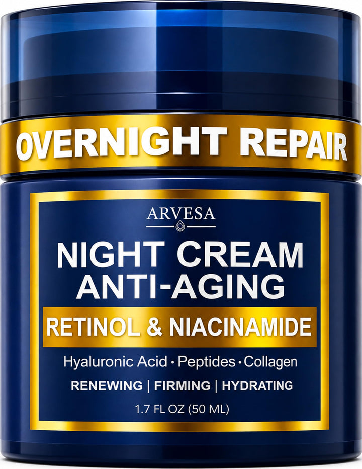 Arvesa night cream front packaging showing clean, clinical design and benefit